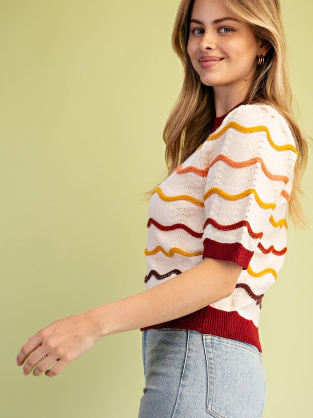 GiGiO Pointelle Knit Short Sleeve Sweater - Picture 5 of 6